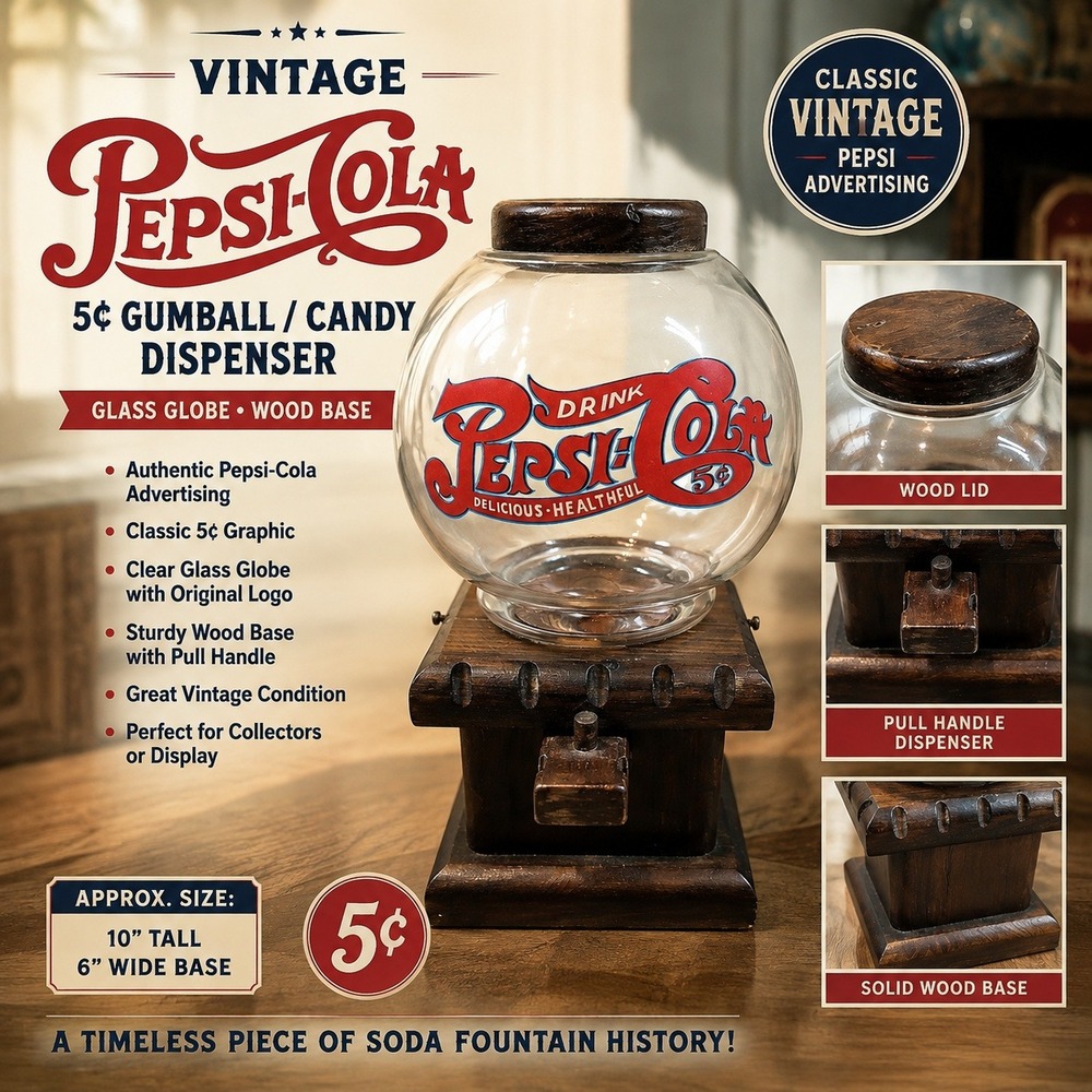 Vintage Pepsi-Cola Gumball Candy Dispenser Glass Globe Wood Base 10 inch 5 Cent